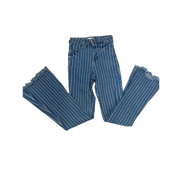 Cello Striped Flare Jeans Juniors 1 Blue White Y2K Bootcut Denim‎ Pockets - Picture 1 of 10